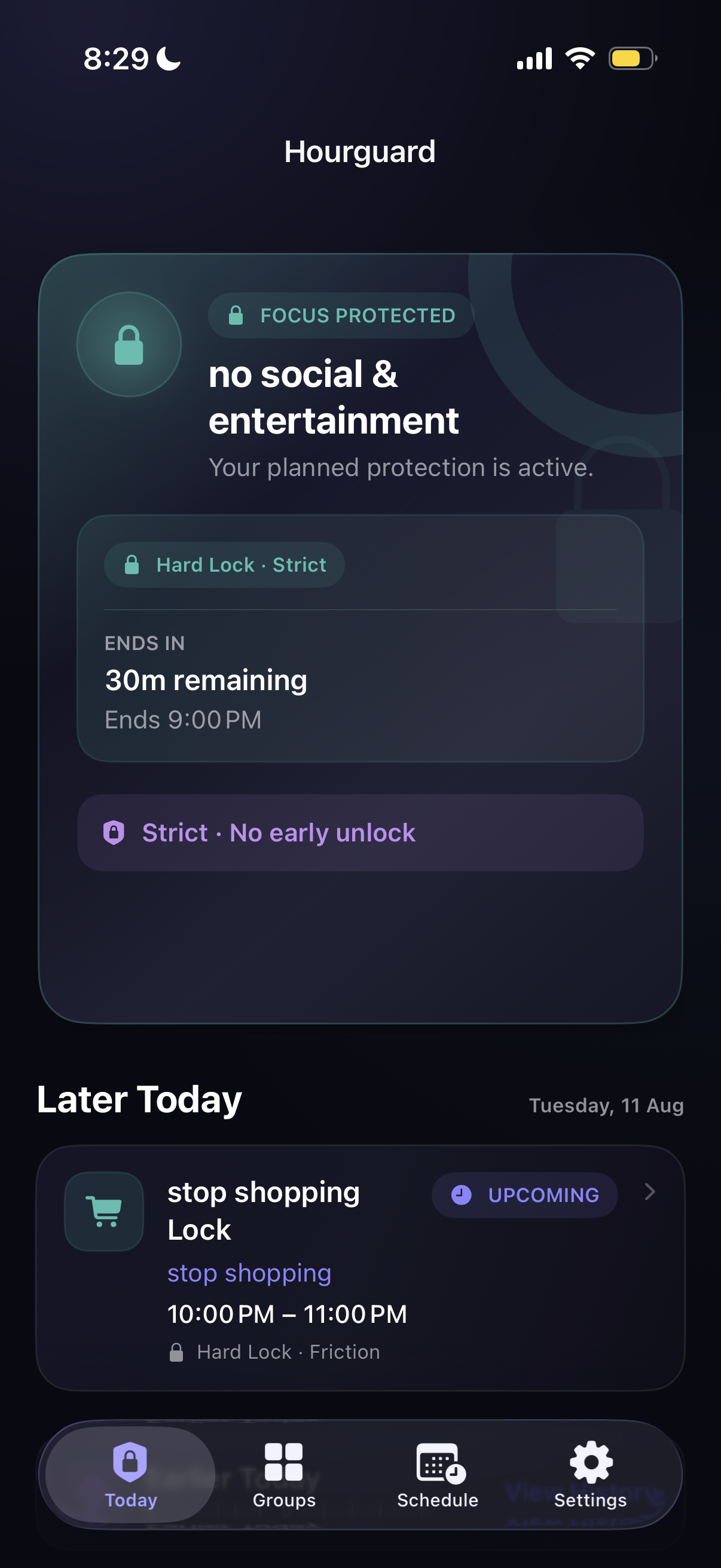 Hourglass Focus Protection screen showing an active time-limit allowance and protection window