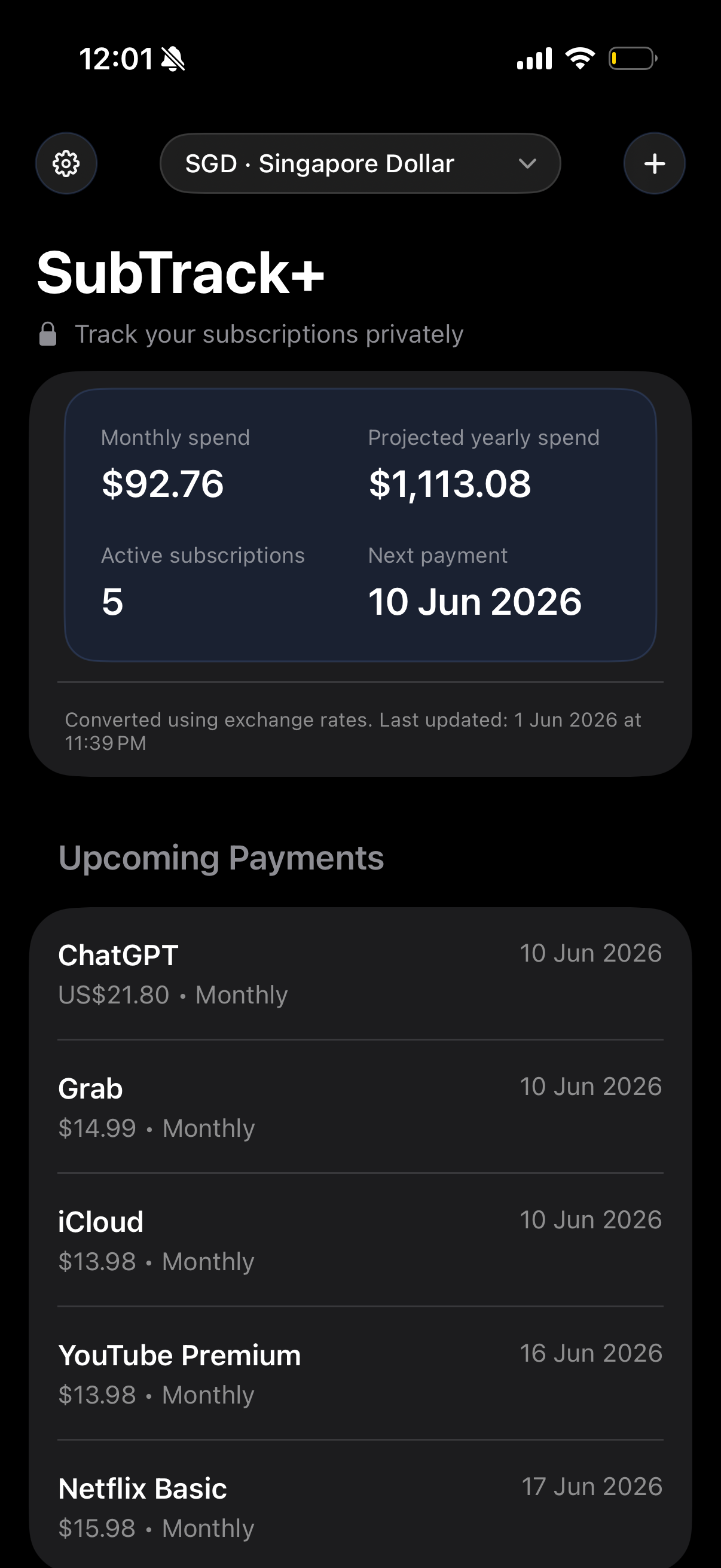 SubTrack+ app dashboard screenshot